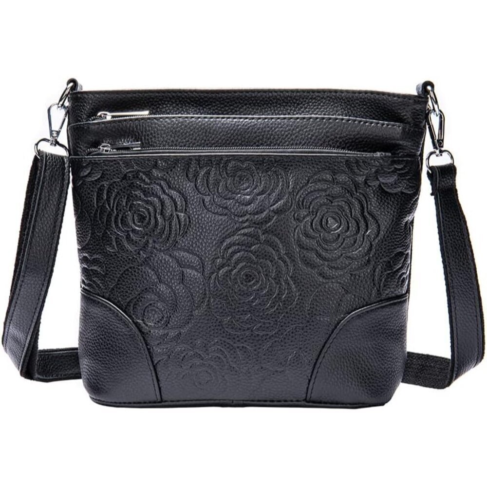 Women Leather Shoulder Bag Floral Embossed Crossbody Purse Zipper Compartments